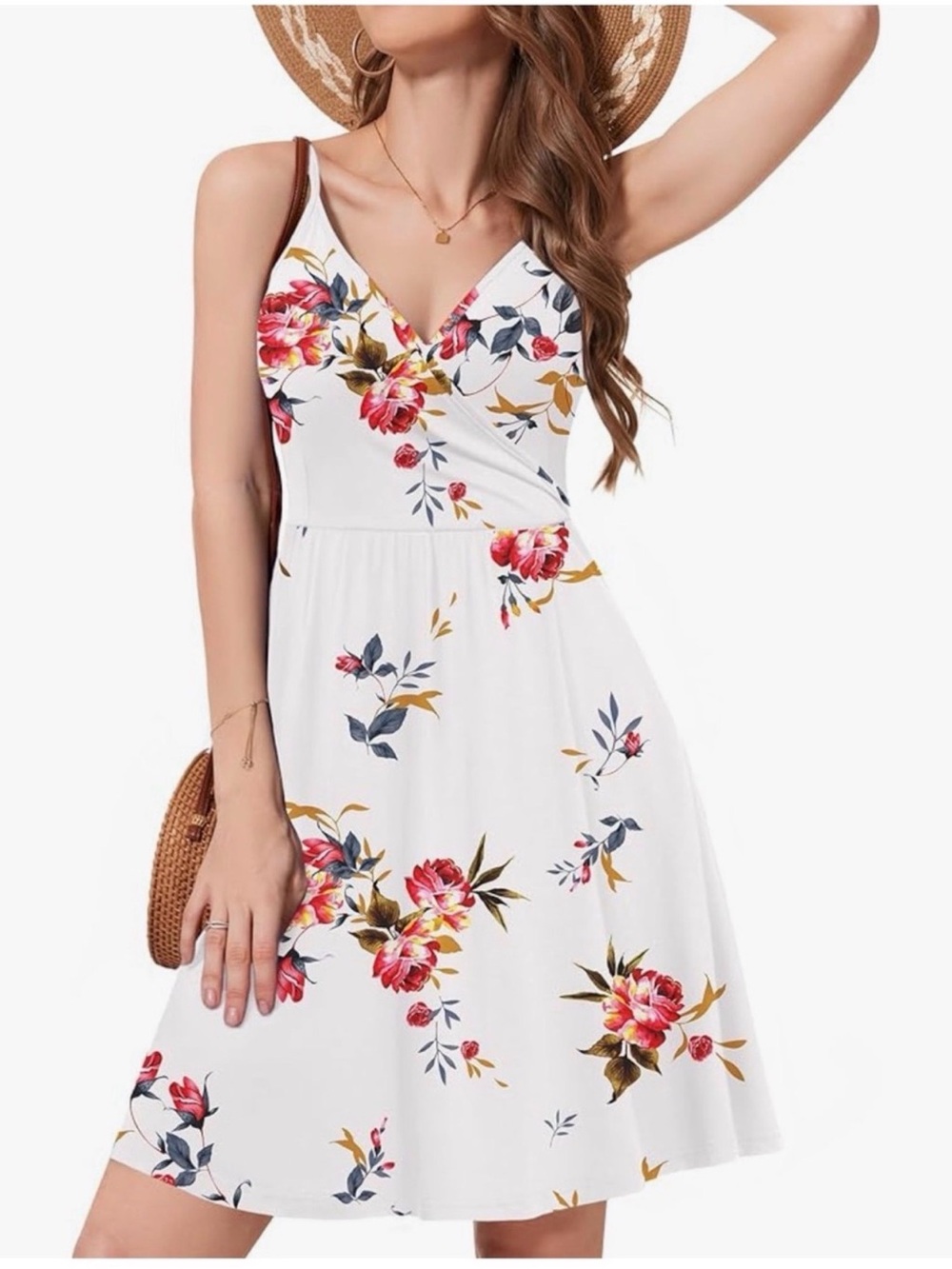 White Floral V-Neck Mini Dress with Pink & Red Blooms